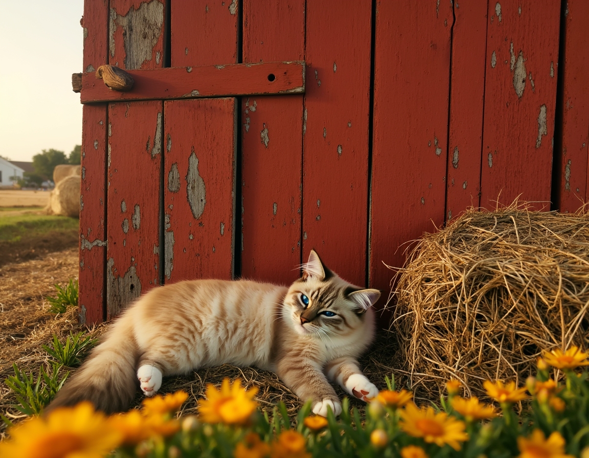 Cat rests peacefully near a barn, enjoying the tranquility of the countryside.